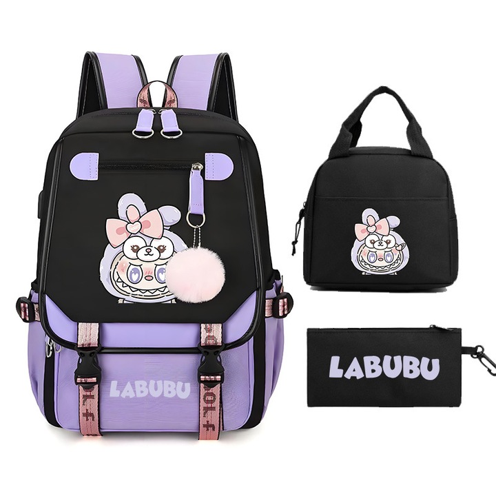 Раница Labubu, плат Оксфорд, розова, голям обем, LBB-28, 46 X 16 X 29 см