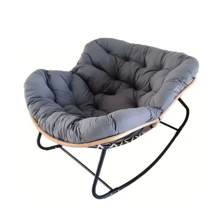 Fotoliu balansoar cu cadru negru si perna gri pentru terasa/ balcon. Lazy Bloom, Ha.ro