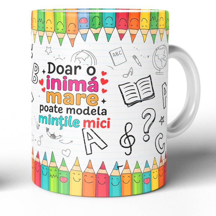 Cana Cadou pentru Invatatoare, Profesoara sau Educatoare, JOYSTOS, Alba, 330 ml, Din Ceramica Cu Mesaj „Doar o inima mare poate modela mintile mici”, 330 Ml, Pentru Mame Cu Simtul Umorului