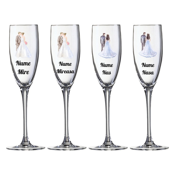 Set 4 Pahare Sampanie Toastul Mirilor, Personalizate Nume, Cadou Nunta Nasi si Miri