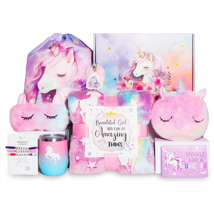 Кутия за подаръци Еднорог за момичета, carrlinechoo®, подаръчен комплект за рожден ден, Ден на детето, Великден, Коледа, с одеяло еднорог, което свети в тъмното, подарък за деца на 3, 4, 5, 6, 7, 8, 9, 10 години, Светлорозов