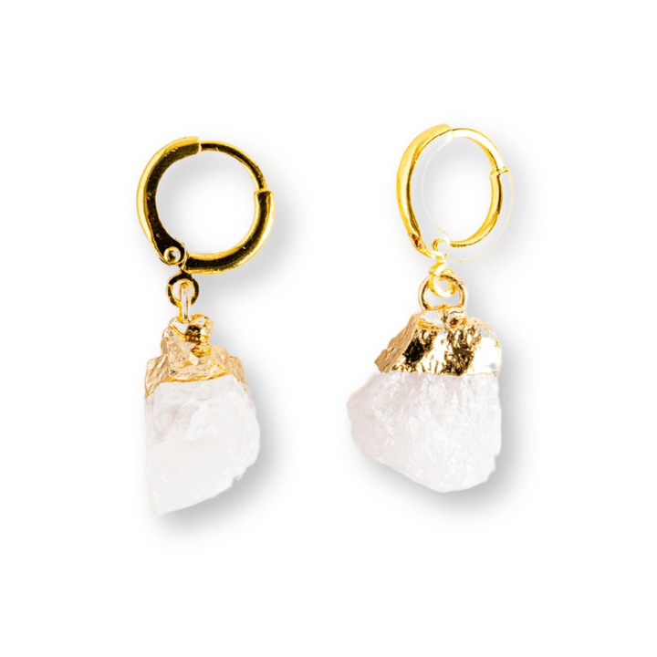 Cercei Aurii cu Cuart Roz Brut Natural - Iubire si Echilibru