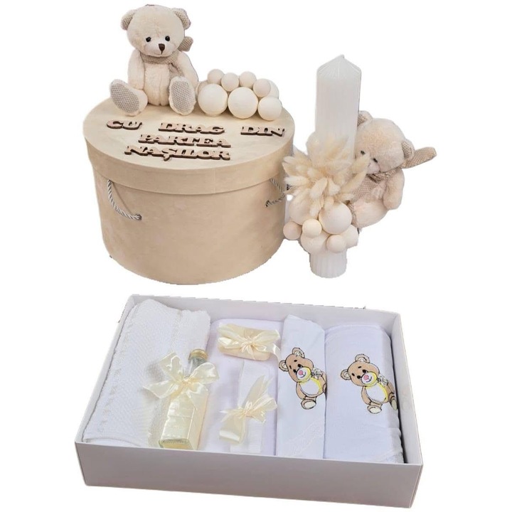Set complet pentru Botez, 9 piese, ursulet de catifea, crem