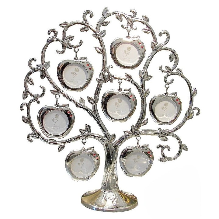 Decoratie cu rame foto, Pomul norocului argintiu tip mar cu suport, 7 rame foto, decor, cadou