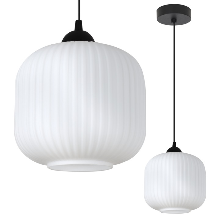 Lampa suspendata, Light Home, Rifle, 1 sursa de lumina, Forma de cilindru, Latimea abajurului 20 cm, 60 W, Abajur din sticla, Alb/Negru