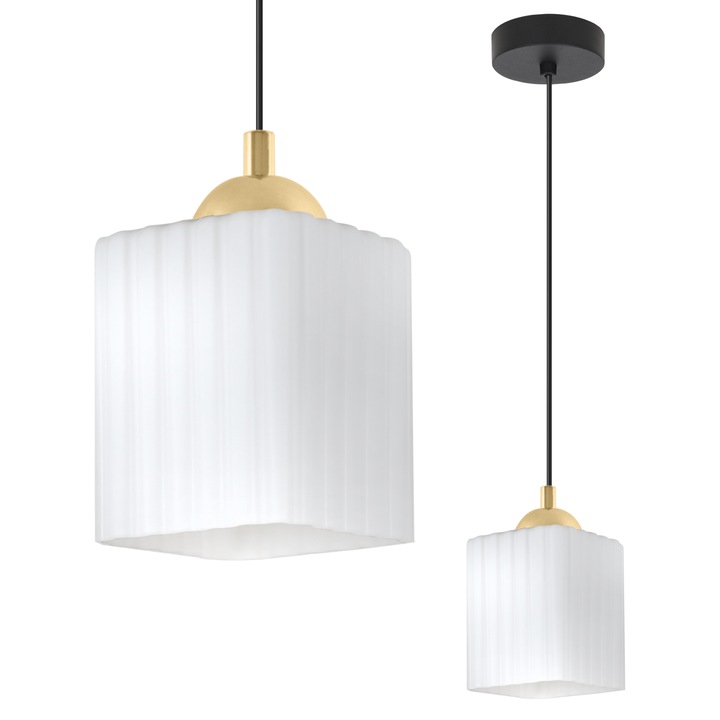 Lampa suspendata, Light Home, Rifle, 1 sursa de lumina, Forma de cub, Latimea abajurului 10 cm, 60 W, Abajur din sticla, Alb/Auriu/Negru