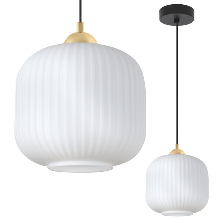 Lampa suspendata, Light Home, Rifle, 1 sursa de lumina, Forma de cilindru, Latimea abajurului 20 cm, 60 W, Abajur din sticla, Alb/Auriu/Negru