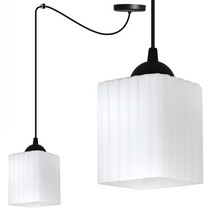 Lampa suspendata, Light Home, Rifle, 1 sursa de lumina, Forma de cub, Latimea abajurului 10 cm, 60 W, Abajur din sticla, Alb/Negru