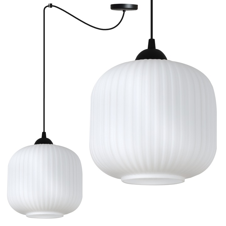 Lampa suspendata, Light Home, Rifle, 1 sursa de lumina, Forma de cilindru, Latimea abajurului 20 cm, 60 W, Abajur din sticla, Alb/Negru