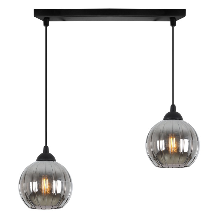 Lampa suspendata, Light Home, Costa, 2 surse de lumina, Forma de sfera, Latimea abajurului 15 cm, 60 W, Abajur din sticla, Negru/Gri