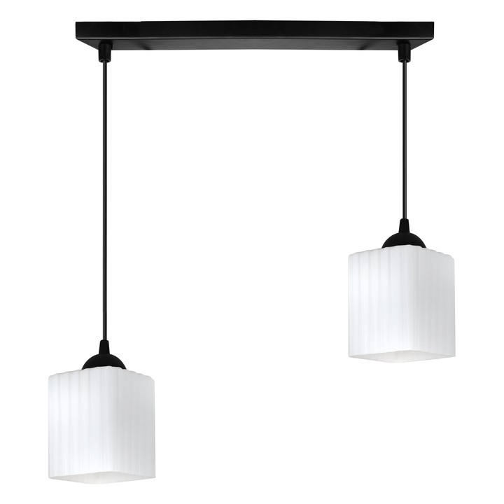 Lampa suspendata, Light Home, Rifle, 2 surse de lumina, Forma de cub, Latimea abajurului 10 cm, 60 W, Abajur din sticla, Alb/Negru
