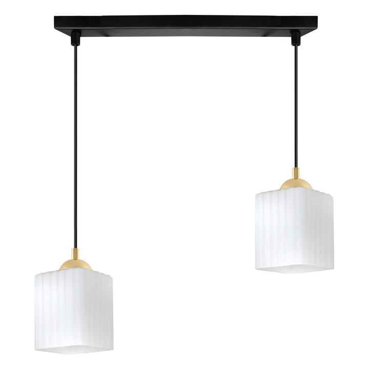 Lampa suspendata, Light Home, Rifle, 2 surse de lumina, Forma de cub, Latimea abajurului 10 cm, 60 W, Abajur din sticla, Alb/Auriu