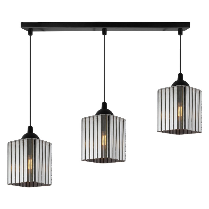 Lampa suspendata, Light Home, Rifle, 3 surse de lumina, Forma de cub, Latimea abajurului 10 cm, 60 W, Abajur din sticla, Negru/Gri