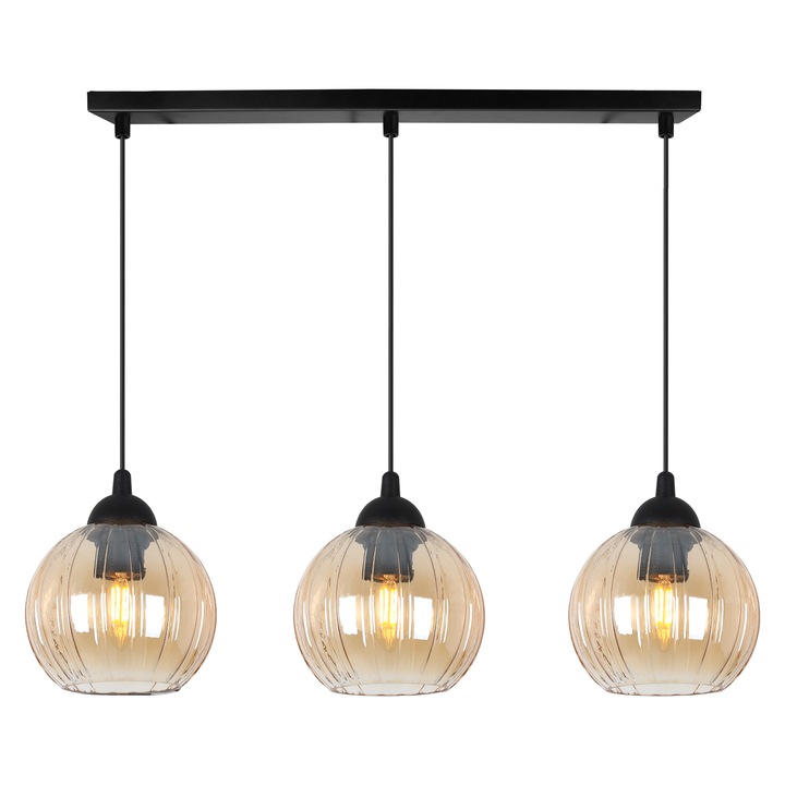 Lampa suspendata, Light Home, Costa, 3 surse de lumina, Forma de sfera, Latimea abajurului 15 cm, 60 W, Abajur din sticla, Auriu/Negru