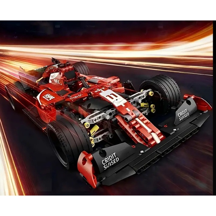 Set blocuri de constructie masina Formula 1 rosie tip Ferrari - 1314 piese, tip lego