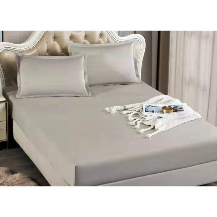 Husa de Pat si 2 Fete de Perna, cu Elastic, Jersey Tip Reiat, 2 Persoane, Uni, 180x200x30cm, Gri Deschis