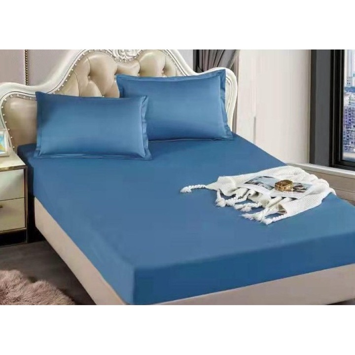 Плик за легло и 2 калъфки за възглавници, с ластик, оребрено джърси, за 2 души, едноцветен, 180x200x30см, син