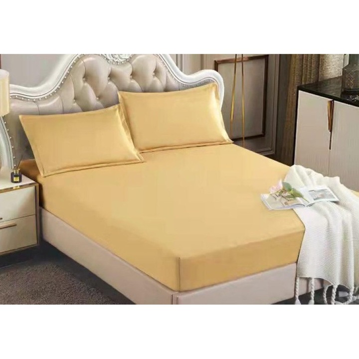 Husa de Pat si 2 Fete de Perna, cu Elastic, Jersey Tip Reiat, 2 Persoane, Uni, 180x200x30cm, Galben