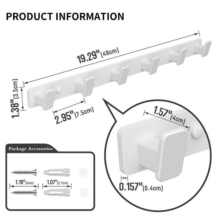 Закачалка за баня за кърпи, CooTooLa®, за баня и тоалетна, кухня и врата, 6 куки, от Алуминий, 49 x 3.5см, Бял