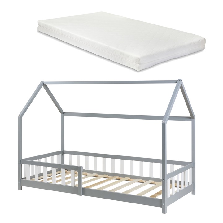 Pat copii, en.casa, PXSD-0027 Hesel, 200 x 90 cm, lemn, gri, cu saltea si grilaj protectie
