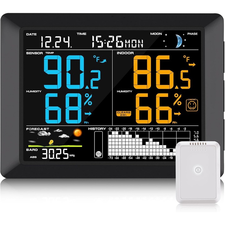 Statie meteo digitala cu display 8.3 inch, termometru, higrometru, fazele lunii, prognoza, alarma, ceas, calendar, senzor exterior cu raza pana la 100 m, negru