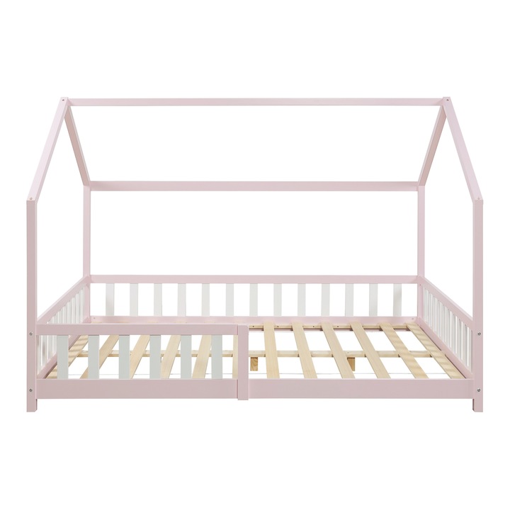 Pat copii, en.casa, Hesel, 200x120 cm,120 kg, lemn, roz, cu grilaj protectie, forma casuta
