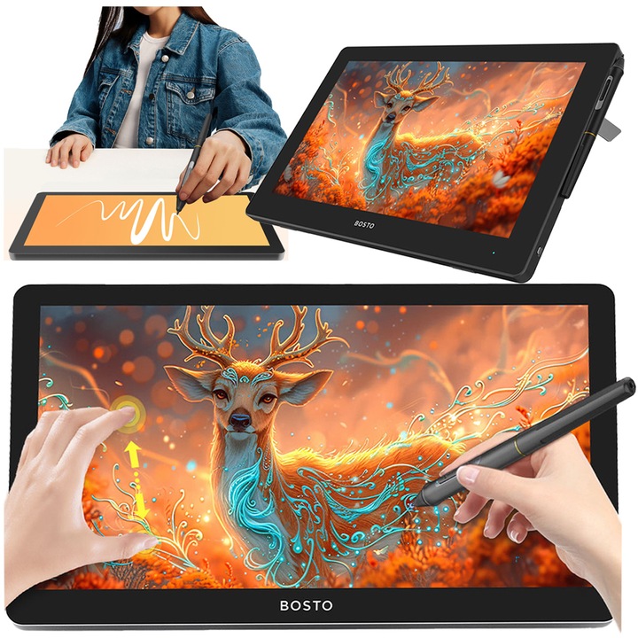 Графичен таблет със стилус, Bosto, Bostobt-19Uhdt(P), 460 x 280 x 14 мм, LCD IPS екран, резолюция 3840x2160 px, широк ъгъл на видимост 178°, безжичен стилус, многоцветен