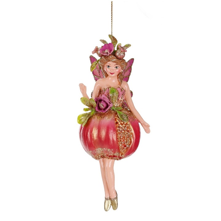 Ornament brad Zana cu rochie in forma de rodie, 16 cm, roz