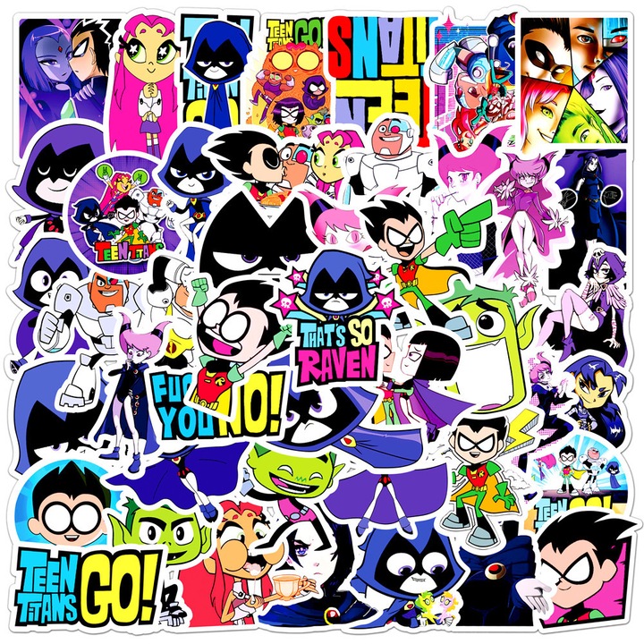 Set 50 stickere decorative vinil, waterproof, pentru laptop, skateboard, telefon, multicolor, 5cm, Teen Titans Go Dragut