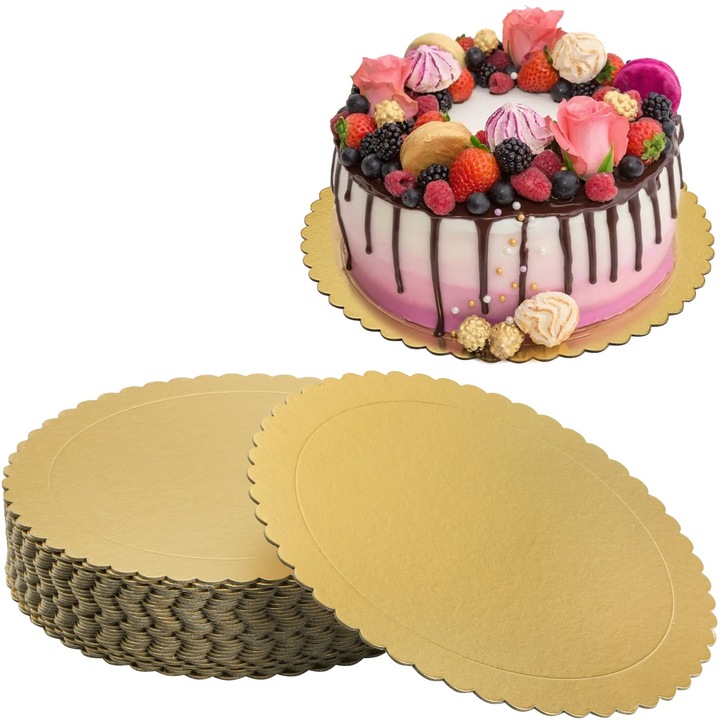 Set 3 platouri suport pentru tort, Carton Tare si Rezistent, Reutilizabile si Rezistente la apa, 25 cm, Auriu