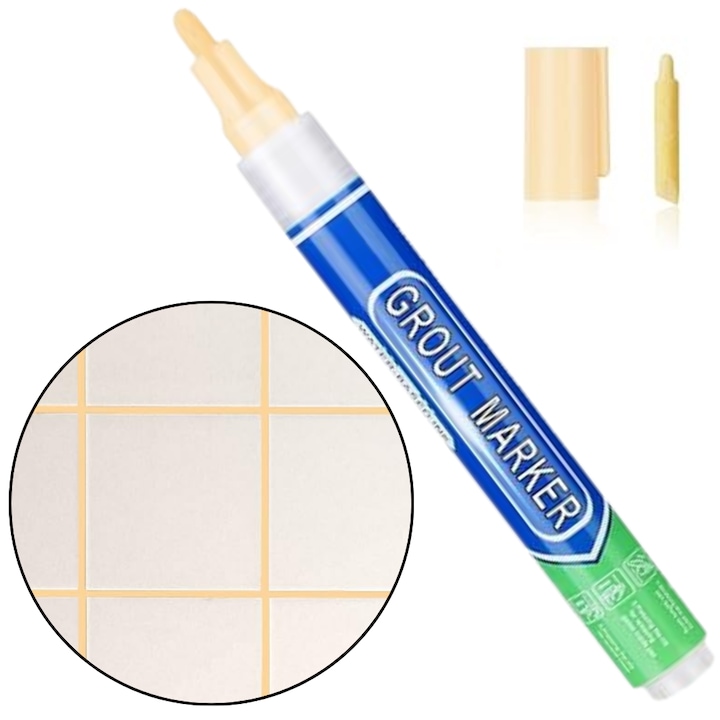 Маркер с постоянна коригираща паста За покриване на фуги или дупки в плочки, TrioStore®, 15 МЛ, Фаянс и мрамор, с бързо съхнене, Плюс резервен връх, Кремав