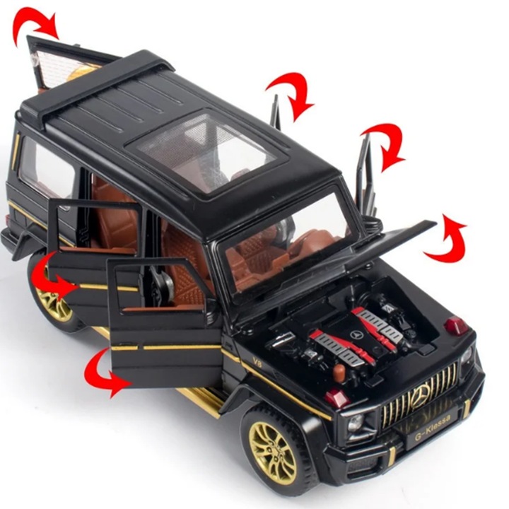 Количка Mercedes-Benz G63 AMG, модел в мащаб 1:24, 22x8.5x9.3см, с отварящи се врати и преден капак, гумени колела