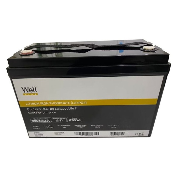 Acumulator litiu LiFePO4 Well 12.8V 100Ah, cu BMS, terminal M8, 334x175x218mm
