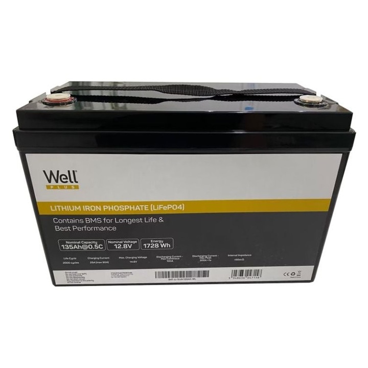 Acumulator litiu LiFePO4 Well 12.8V 135Ah, cu BMS, terminal M8, 334x175x218mm