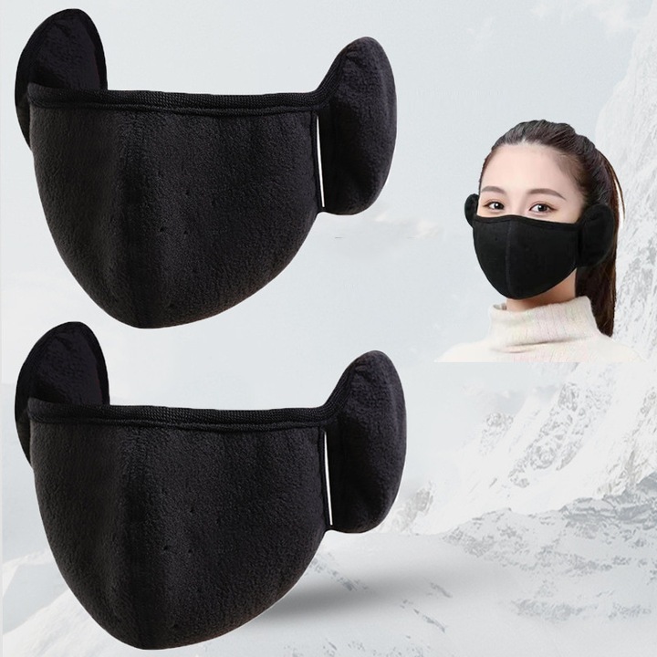 Szélálló fülvédő, melegítő maszk, polár anyag (puha szálas textilanyag), újrahasználható, univerzális méret, két darabos szett, fekete