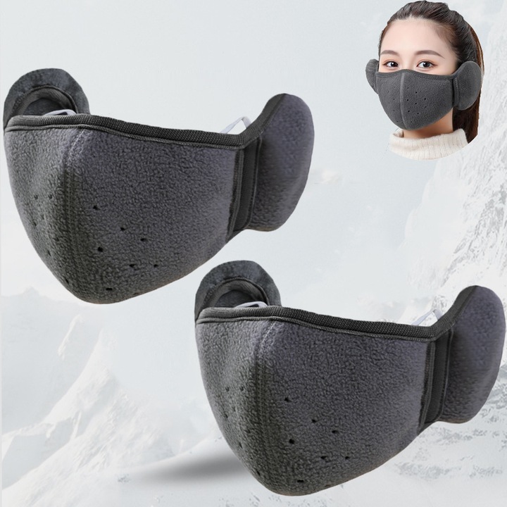 Szélálló fülvédő, melegítő maszk, polár szövet (puha szálas textilanyag), újrafelhasználható, univerzális méret, két darabos szett, szürke