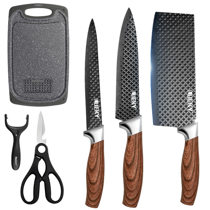 Set de cutite din inox, design ergonomic, manere din lemn, culoare maro