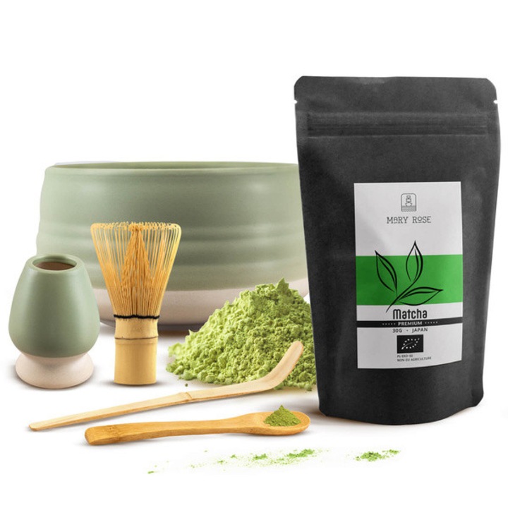 Ceai Matcha Set BIO Premium Japoneza, Mary Rose, din Prima Recolta, 30g, Bol Menta 500 ml, Accesorii Chasen