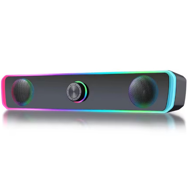 Difuzor Bluetooth pentru telefon mobil, subwoofer de birou, versiune cu cablu si iluminare + Bluetooth, negru