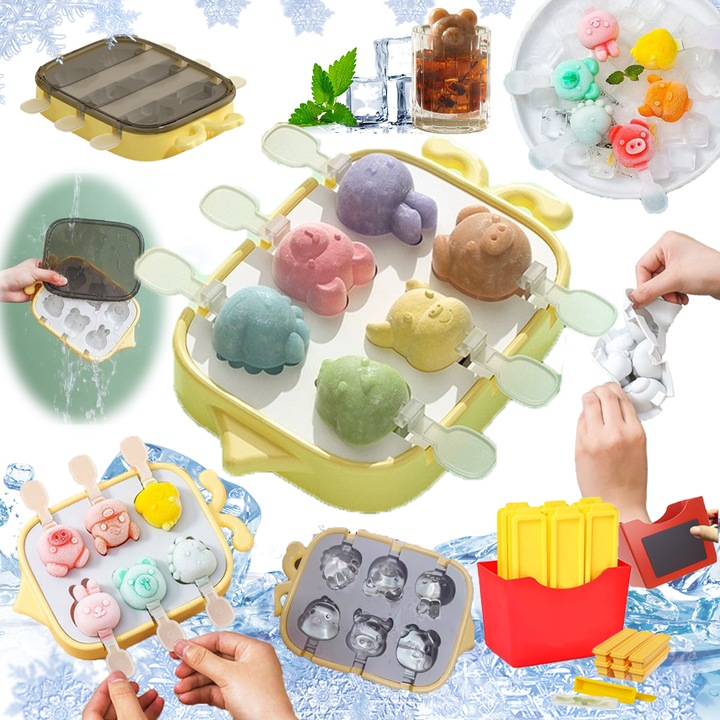 6 bucati de matrite de inghetata de casa + matrite de cartofi prajiti inghetata cu cutie magnetica de depozitare (6 inghetate) matrite din silicon reutilizabile in forma de desene animate, usor de desprins, matrite de inghetata pentru bebelusi