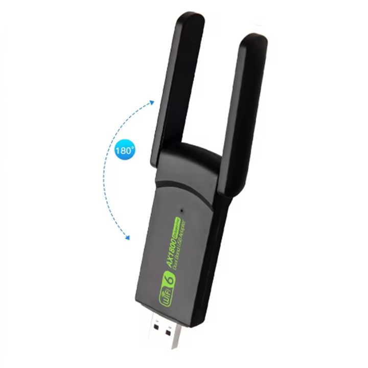 Vezeték nélküli adapter, WiFi 6 vevő asztali számítógéphez/laptophoz, WiFi 6, kétsávos, 1800 Mbps, WiFi Ethernet, USB 3.0, 2,4G és 5G hálózatok, nagy hatótávolságú, 2 antenna, matt fekete