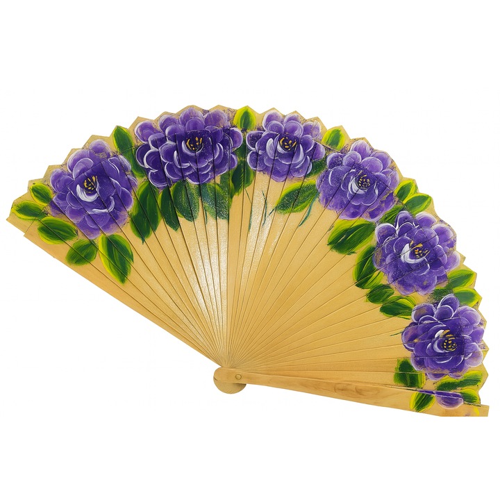 Evantai cu flori, din lemn de bambus, pictat manual, cadou perfect, usor si eficient impotriva caldurii, Mov
