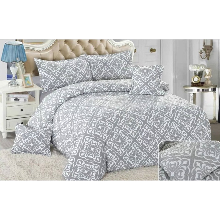 Lenjerie Pat Dublu, Bumbac Creponat Satinat, Elegant Abstract, 6 Piese, 2 Persoane, 230X250cm, Bicolor, Gri-Alb