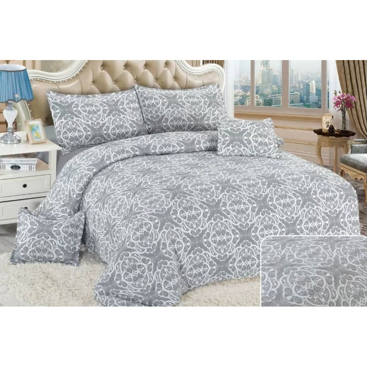 Lenjerie Pat Dublu, Bumbac Creponat Satinat, Elegant Abstract, 6 Piese, 2 Persoane, 230X250cm, Bicolor, Alb-Gri