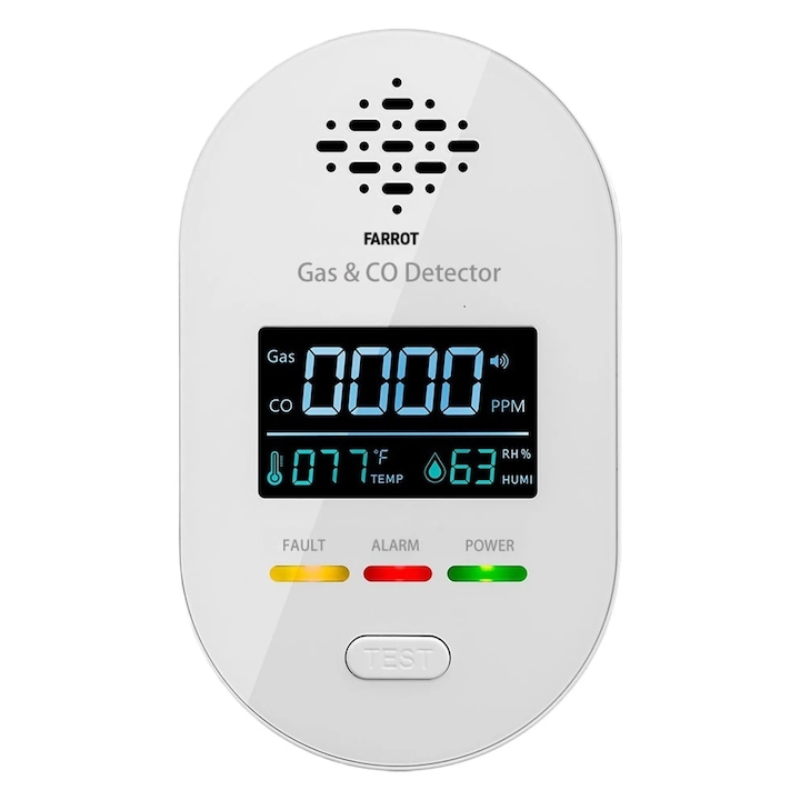 Detector cu senzor de gaz natural, GPL, monoxid de carbon, CO, temperatura 4 in 1