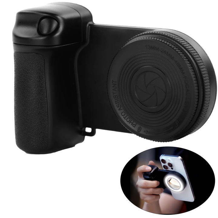 Inel magnetic pentru selfie cu lumina, maner cu prindere rapida si telecomanda Bluetooth detasabila pentru iPhone, lumina de umplere LED reincarcabila, maner pentru camera smartphone-ului, accesorii pentru fotografiere compatibile cu Magsafe