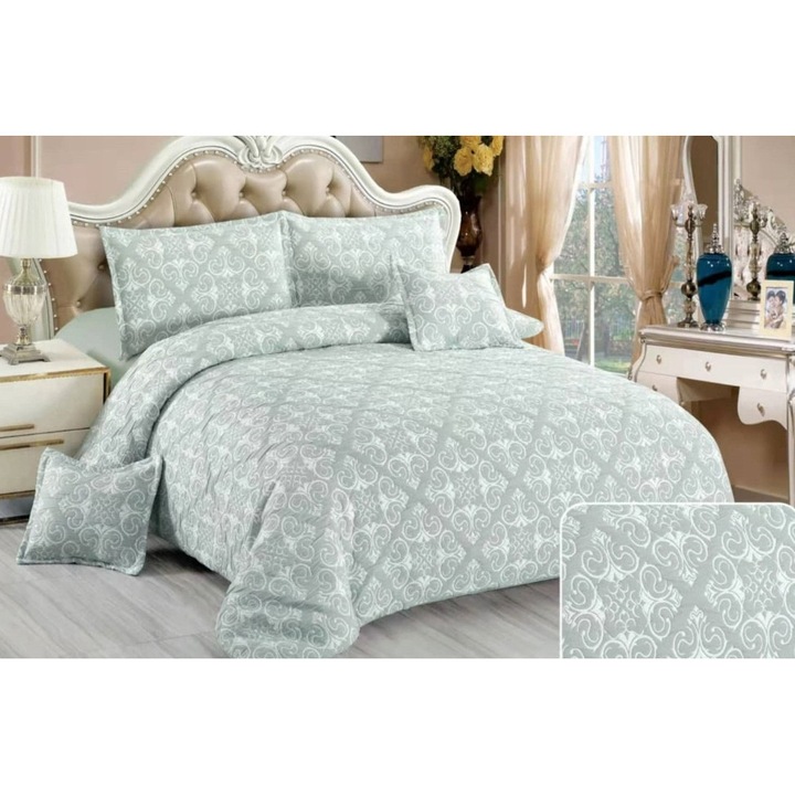 Lenjerie Pat Dublu, Bumbac Creponat Satinat, Elegant Abstract, 6 Piese, 2 Persoane, 230X250cm, Bicolor, Alb-Gri Cenusiu