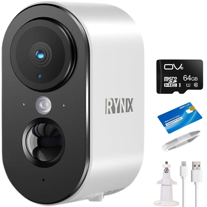 Camera de Supraveghere portabila RYNIX, Baby Monitor, 4G LTE, Cartela SIM inclusa, 2K Super HD, Baterie 6000mAh, Senzor PIR, Detectie miscare, Vedere Nocturna, Fara conexiune Wi-Fi, cu Alarma si Comunicare Bidirectionala, Card 64GB inlcus