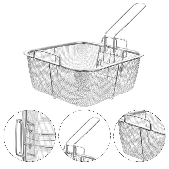 Cos pentru prajit tip friteuza, din Inox, Maner Rabatabil, Forma Patrata, Ideal pentru prajirea si scurgerea alimentelor, 24 cm