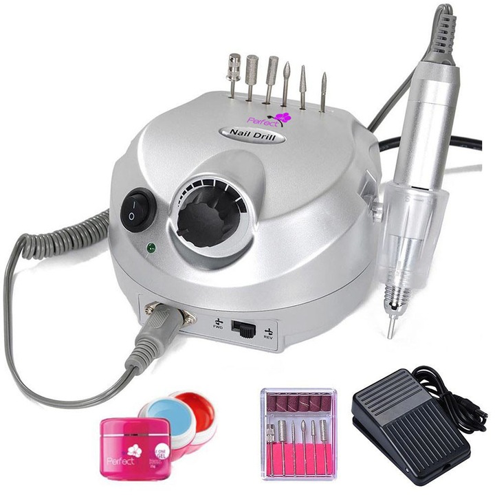 Set Manichiura Freza Electrica Profesionala Unghii 30000RPM Silver 202 + 3 Geluri Uv Unghii